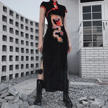 

Retro Cheongsam Dress Country Style Sexy Split Fork Dresses Dragon Tattoo Embroidery Waist Women Buckle Hit Black Velvet Vestido
