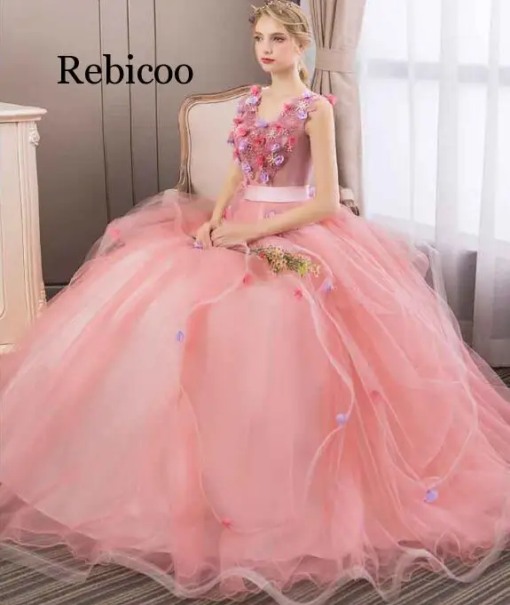 Дешевые Бальные платья милое платье Длинные розовые Бальные платья с открытыми плечами 3D Цветы для Бальных лет Vestidos