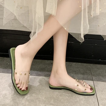 

Women's summer slippers transparent rivet flat bottom candy color comfortable shopping slippers Simple stylish explosion U24-05