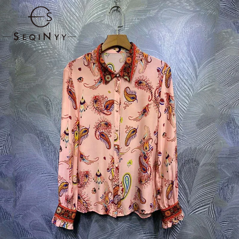 

SEQINYY Vintage Pink Shirt 100% Silk 2020 Summer Spring New Fashion Design Women Flowers Print High Quality Blouse