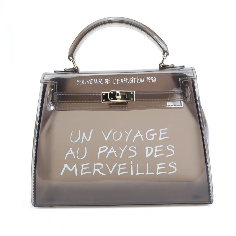 

Women Transparent Bag PVC Clear Bag Jelly Handbag Summer Shoulder Bag Satchel Design Tote Bags Printed Letter Candy