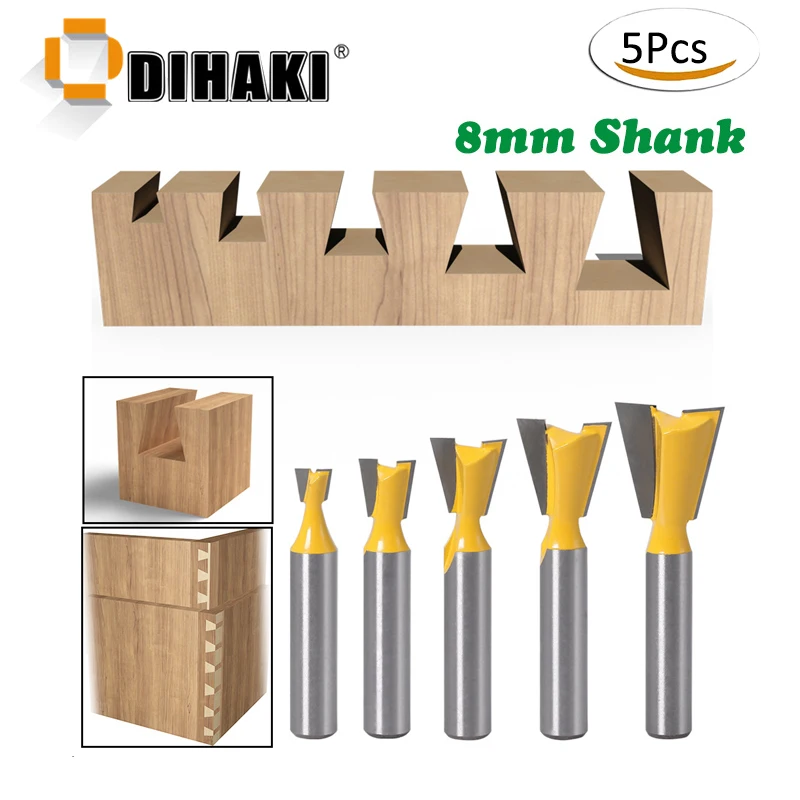 5pcs/pack 8mm Shank Dovetail Joint Router Bits Set 14 Degree