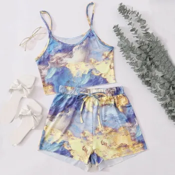 

Women 2 Pieces Set Wrap Ruched Sexy Women Spaghetti Strap Cami and Mini Skirt Elastic Waist Lace Up Tie-dye Summer woman Sets#G2