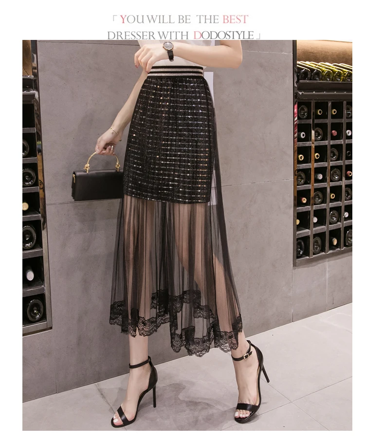 Корейская Сексуальная Праздничная стильная женская одежда, уличная одежда с высокой талией, украшенная блестками, черная сетчатая плиссированная Тюлевая кружевная юбка миди