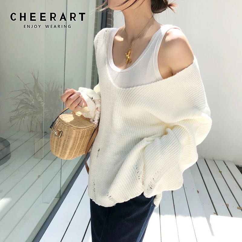 

Cheerart Off Shoulder Sweater Loose Hollow Out V Neck Knitted Sweater Pullover Knitwear Korean Clothes Pull Femme