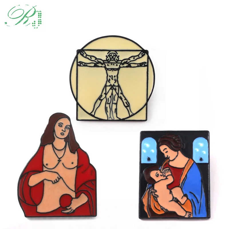 

RJ Leonardo da Vinci Brooches Pins The Madonna Litta Keyring Uomo Vitruvian Badge Pin Men Bag Coat Celebrity Portraits Jewelry
