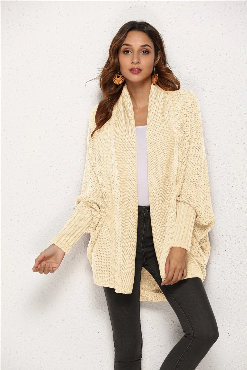 beige sweater Вязаный Пончо Накидка Пальто Женщина Крылья Летучей Мыши Кардиган Одноцветный Сплошной Цвет Свитер Простой Хипстер Нерегулярный Отворот Свитер Кардиган Оверсайз Повседневный Уличный Стиль Элегантное Отложной Воротник - Цвет: beige sweater