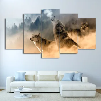 

HD Printed 5 Piece Canvas Art Howling Wolf in Clouds Painting Modular Wall Pictures for Living Room NR-045