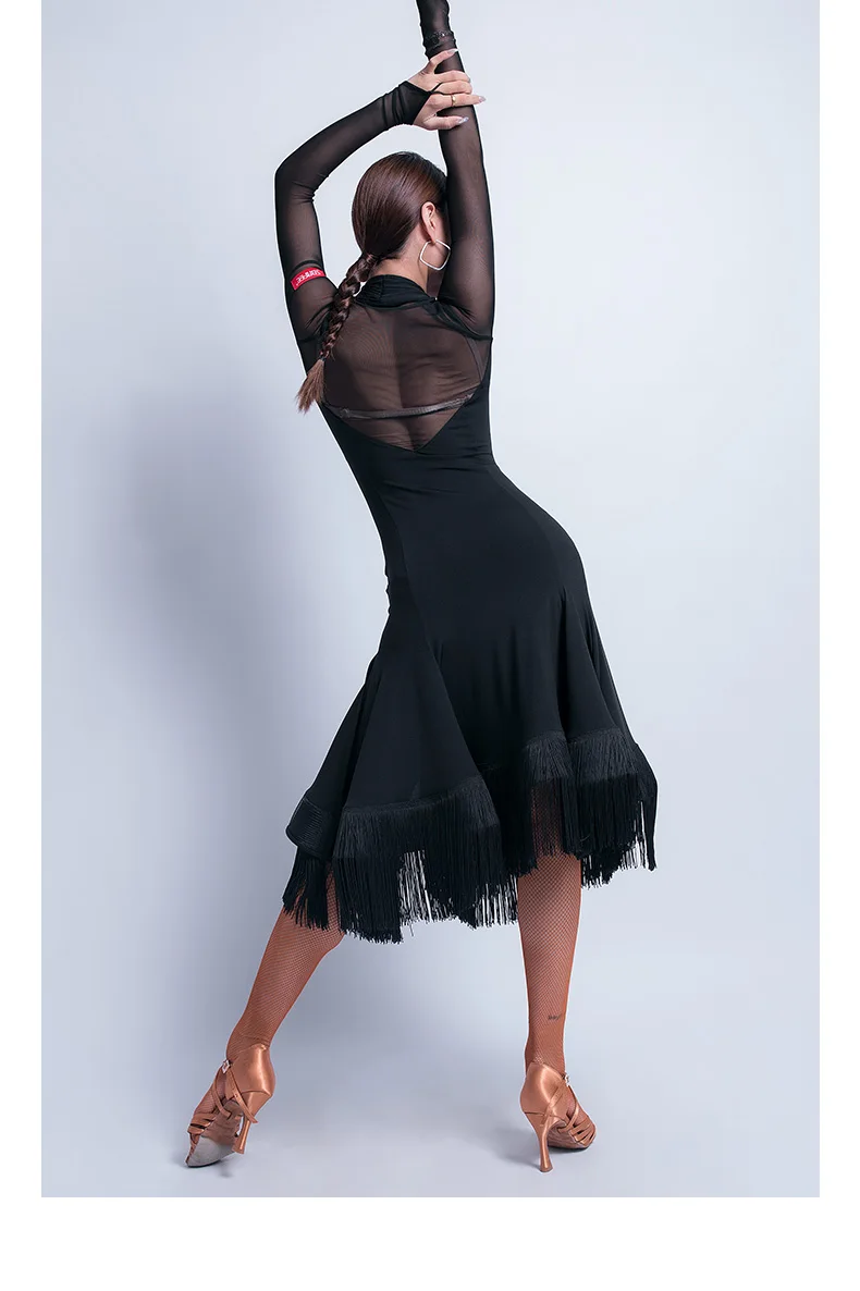 Новое платье для латинских танцев для женщин с длинным рукавом, сексуальные костюмы с бахромой, осенне-зимнее длинное платье для латинских танцев, одежда для танго VO145
