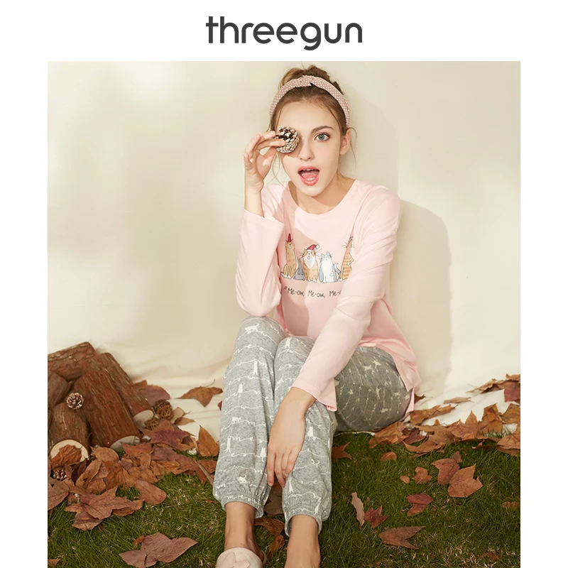 THREEGUN Пижамный комплект для женщин хлопок осень зима Нью Йорк дизайн принт одежда