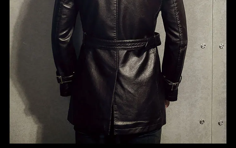 3XL мужское черное хаки кофейное Красное длинное пальто из искусственной кожи ветровка двубортные мужские пальто с поясом D48