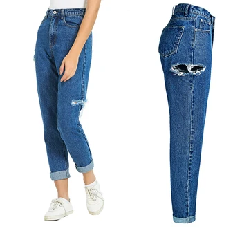 

Retro Side Hole Ripped Boyfriend Jeans For Women Plus Size High Waist Harem Jeans Woman Mom Cotton Loose Blue Jeans Denim Pants