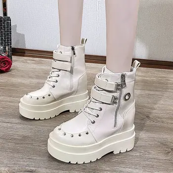 

punk style platform Ankle Boots Women thick sole motorcycle Boots Chunky height Increase Short Boots Woman Black Beige 2020