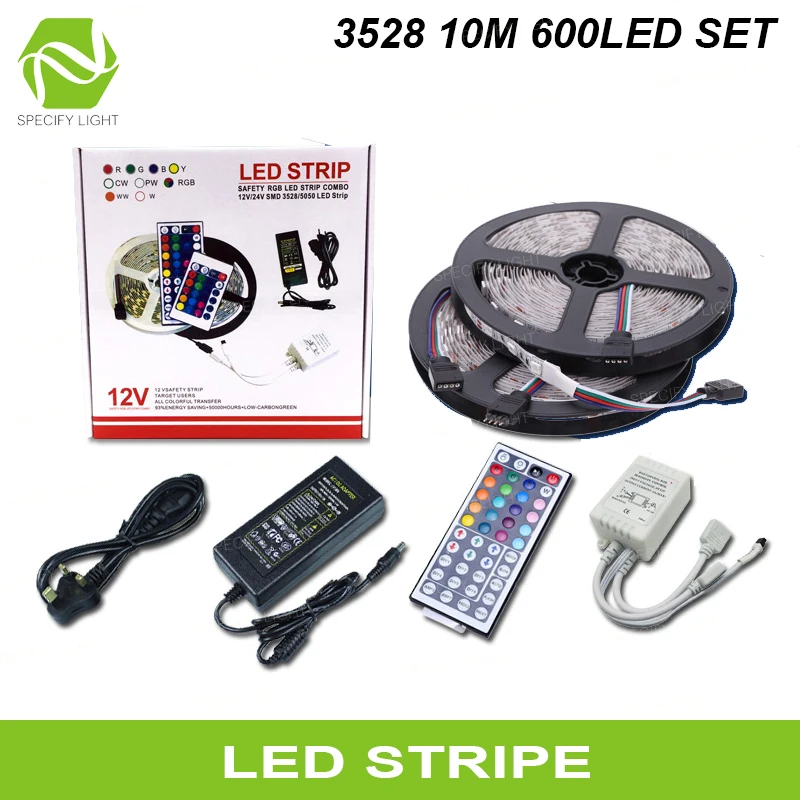 SMD RGB LED Strip Light  3528 10M 600 LEDs RGB LED Tape Tiode Ribbon Flexible 24 44 Key Controller DC12V Adapter Set (1)
