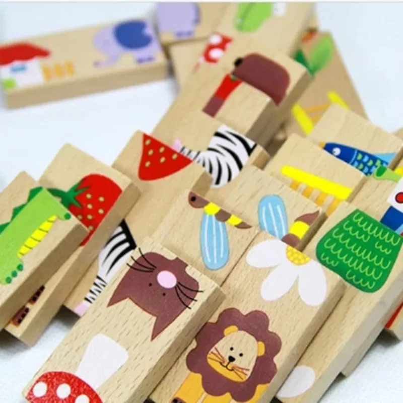 28 шт./компл. деревянные блоки для детей Цветной домино с животными Ранние обучающие игры Развивающие игрушки для детей