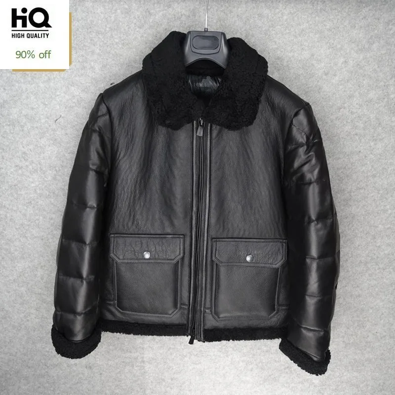 

2020 Winter Thick Warm Down Coats Male Slim Fit Pocket Zipper Outerwear Luxury Genuine Leather Motorcycle Jacket Plus Size 3XL