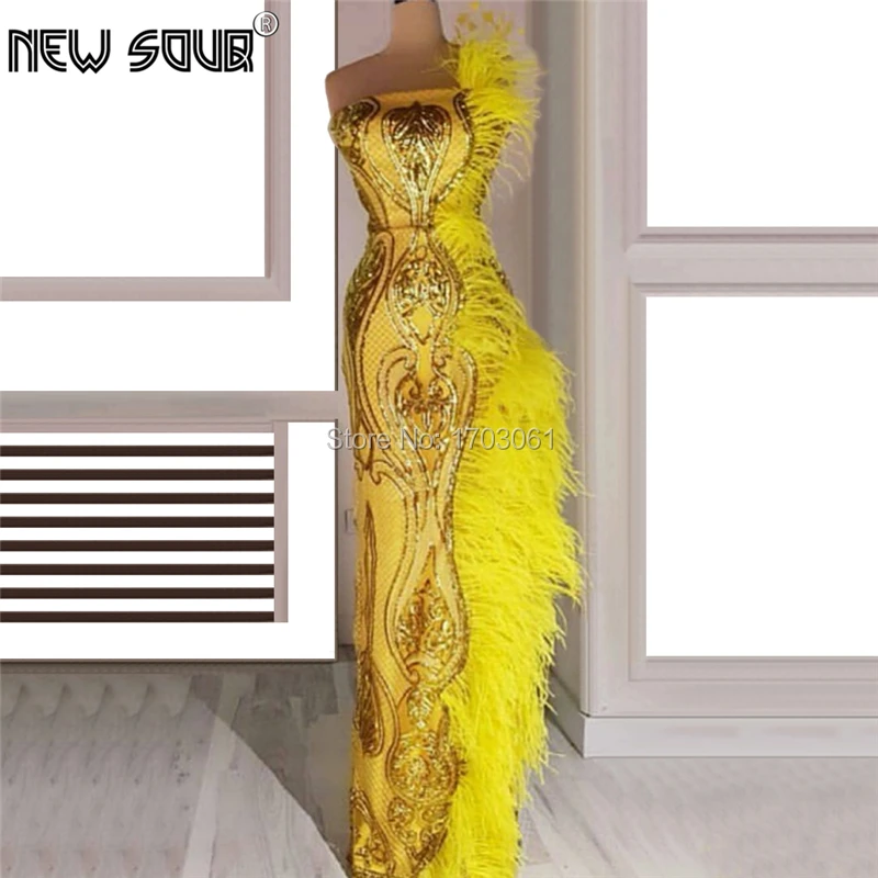 

Shiny Feathers Sequins Evening Dresses 2019 Strapless Couture Dubai Long Prom Dress Turkish Islamic Party Gowns Robe De Soiree