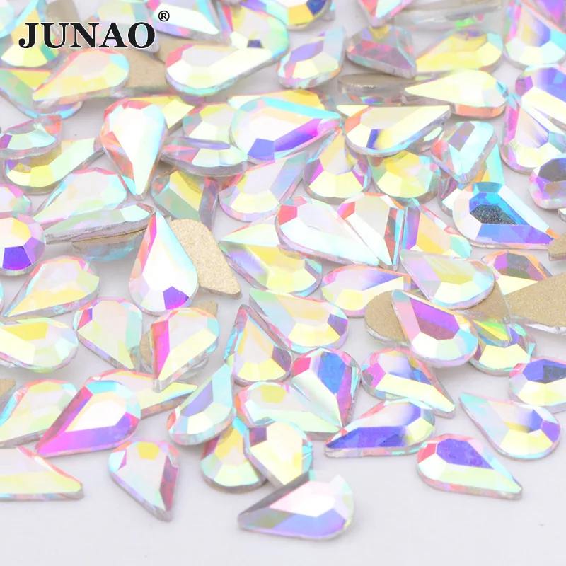 

JUNAO 50pcs Mixed Shape Glitter AB Crystal 3D Nail Art Rhinestone Drop Glass Nail Stones Non Hot Fix Flatback Strass Decoration