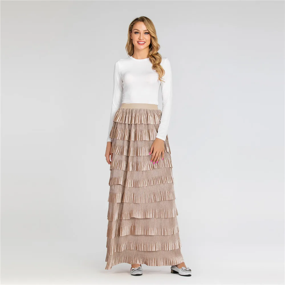 

2019 Fashion Spring autumn Fairy Solid Black Cakee Layered Velvet Skirt Sweet Ruffles Tiered Crepe Leisure Pleated Long Skirt
