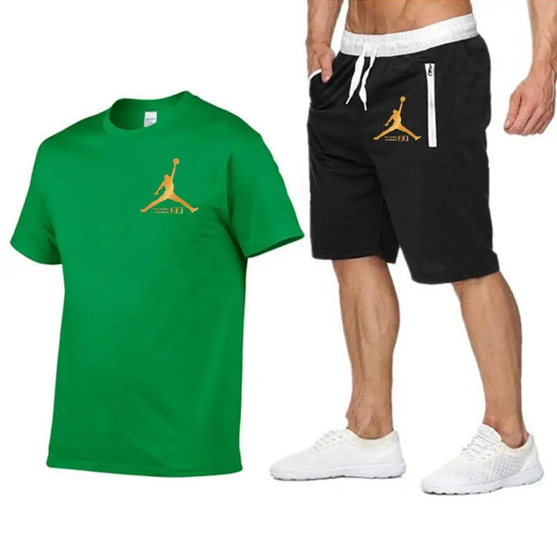 Новые мужские комплекты футболок FIL брендовые летние костюмы с принтом Повседневная мужская футболка спортивные костюмы комплект мужской футболки Модная одежда - Цвет: green