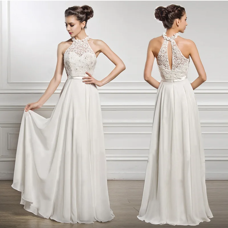 

2019 Spring Women Elegant Long Dress Lace Halter White Party Dresses