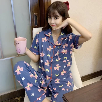 

Spring And Fall Pajamas Set Solid Color Women Comfort Loose Sleepwear 2Pcs Set Long Sleeve+Pants Round Neck Homewear Set