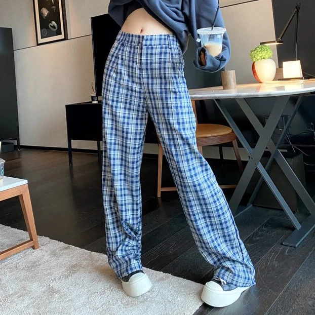 

Blue Plaid Female Pants Loose Straight High Waist 2021 New Harajuku Spring And Autumn Casual Pants Women'S Pants