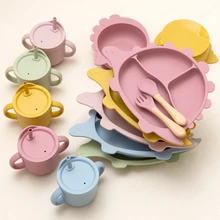 Assiette à dîner de dinosaure de dessin animé, ensemble d'alimentation pour enfants, bol à ventouse, tasse à collation, tasse à boire, matériau en Silicone de qualité alimentaire 6 pièces