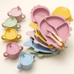 Cartoon Dinosaur Dinner Plate Children's Feeding Set 6piece Suction Cup Bowl Snack Cup Drinking Cup Food Grade Silicone Material