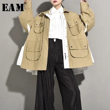 

[EAM] 2020 New Spring Autumn Stand Collar Long Sleeve Khaki Hit Color Split Big Pocket Oversize Jacket Women Coat Fashion JG8010