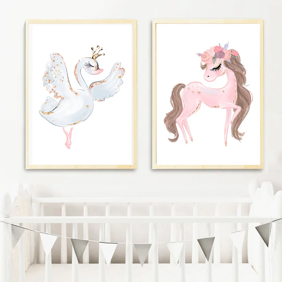 Cartoon-Pink-Unicorn-Swan-Girl-Crown-Flower-Nordic-Posters-And-Prints-Wall-Art-Canvas-Painting-Wall (2)