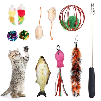 

PAPASGIX 2020 NEW Pet Cat Toys Set Interactive Toys With Cotton Mice Catnip Fish Balls Feather Retractable Teaser Wand 11 PCS