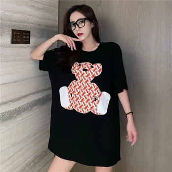 

Women Oversized Bear Patchwork Leisure Cotton T-Shirts Harajuku Short Sleeve O-Neck Plus Size Streetwear Female Vogue Tops Tee