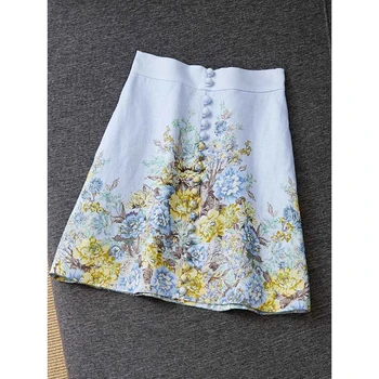 

Summer Women Elegant Vintage Short Skirt Fashion Designer Ladies Floral Print Button Fashion Cotton Linen Mini Skirts