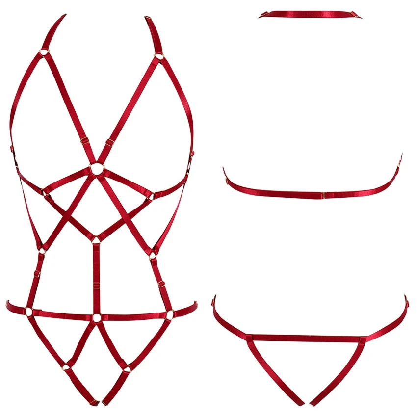 

Wine Red Full Body Harness Sexy Lingerie Set Cage Bra Fetish Waist Bondage Strap Adjust Chest Hollow Out Tops Dance Rave Womens