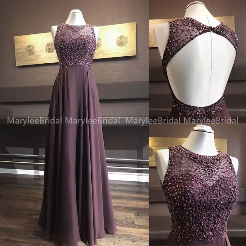 

Floor Length Brown Evening Dress Hollow Back Rhinestone Beaded Party Dresses Long Chiffon Robe De Soiree New Women Evening Gowns