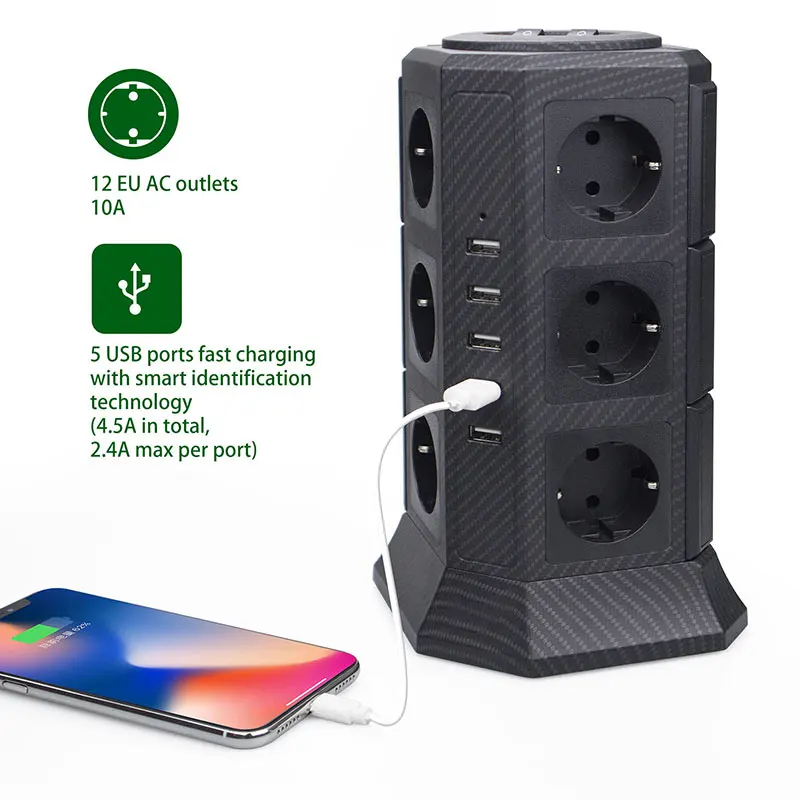 TESSAN-Torre de regleta con 12 tomas de corriente de la UE, 5 puertos USB con cable de extensión de 2M/6,5 pies, protector de sobrecarga para interruptor