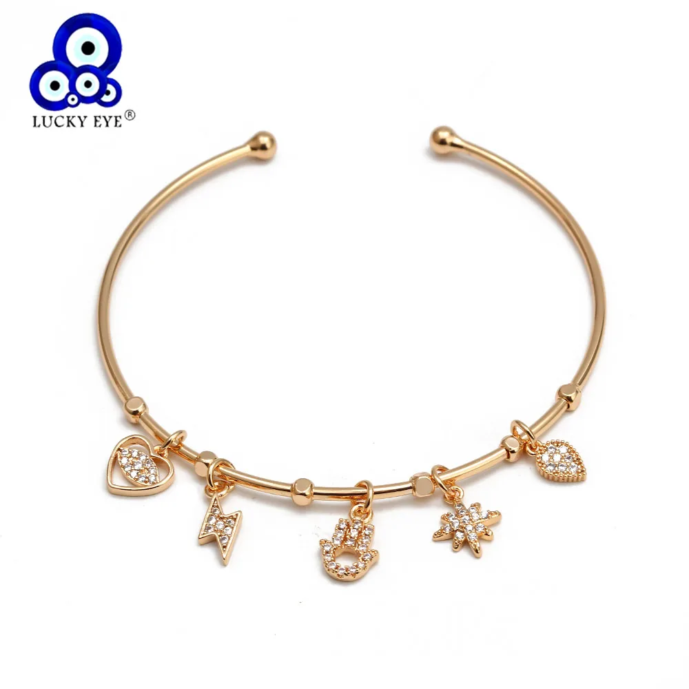 Lucky Eye Heart Fatima Hamsa Hand Star Moon Charm Bangle Rose Gold