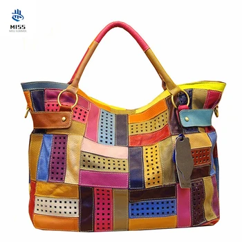 

Special offer! Fashion Tote Splice hollow out stripe 100% Genuine Leather Patchwork Handbags Women Messenger Bag Colorful bags