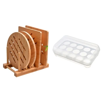 

1 Pcs 15 Eggs Tray Holder with Lid (White) & 1 Set Bamboo Insulation Pad Non-Slip Mat