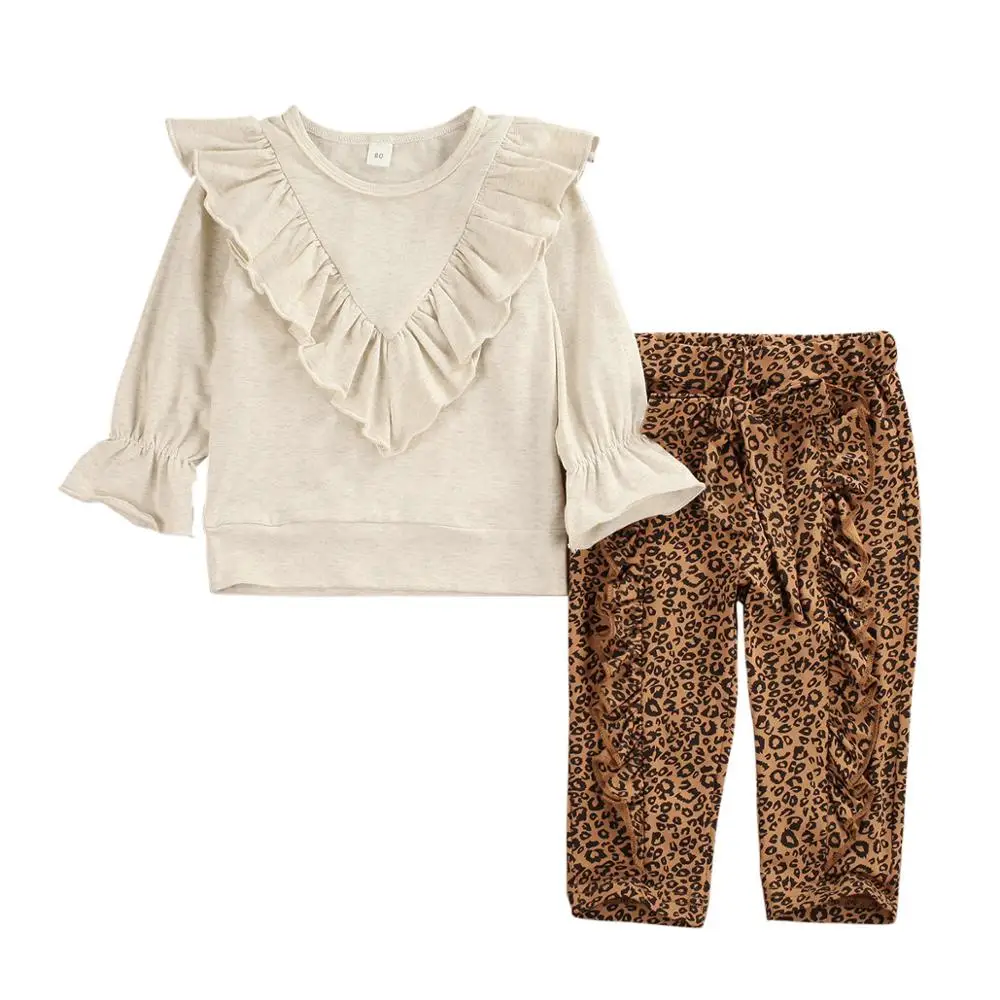 

2019 New Kid Baby Girl Clothes Sets Solid Long Sleeve Ruffle Tops Sweatshirt+Leopard Print Pants Headband 3pcs Outfit