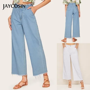 

JAYCOSIN Pants Flare High Waist Jeans Button Drawstring Waist Bell Bottom Denim Pant Leisure Wide Leg Straight Trousers Hot Sale