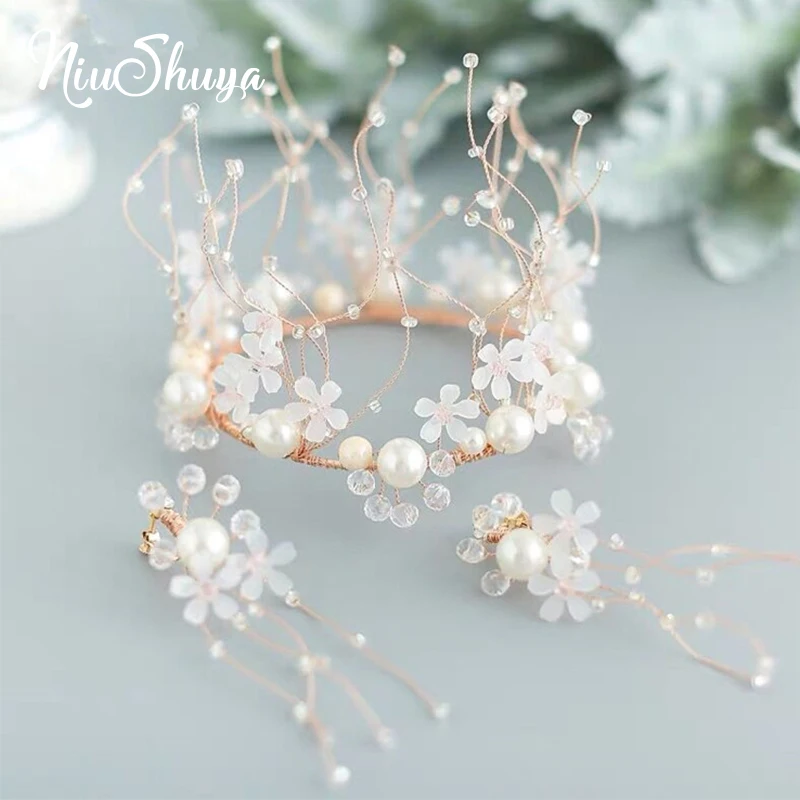 

NiuShuya Trendy Crystal Small Round Crown Handmade Princess Flower Tiara Hair Accessories For Women Pearl Bridal Headband