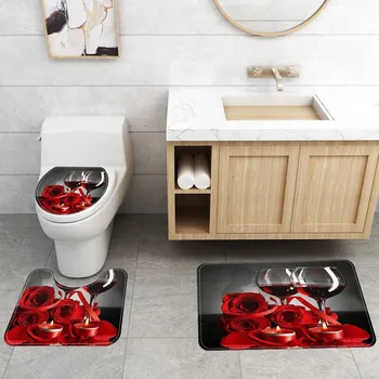 

3Pcs Non-Slip Red Wine Glass Bath Mat bathroom set Kitchen Carpet Doormats Decor bathroom accessories Rug Carpet Toilet Cover