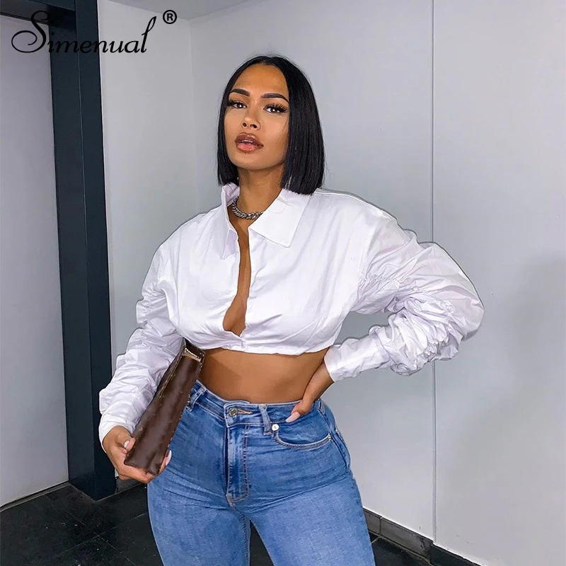 Simenual V Neck Ruched White Puff Sleeve Blouse Shirts Women Long Sleeve Fashion Fall 2021 Clothing Crop Blouses Solid Slim Hot