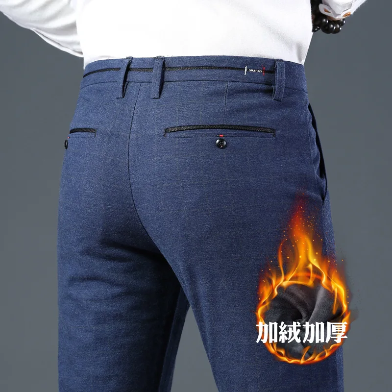 New Fashion Men Warm Velvet Plaid Pencil Pants Male Skinny Casual Solid Color Trousers Black Blue Business Stretch Thick Pants