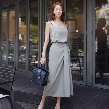 

Women Summer Elegant 2 Pieces Set Sexy V-neck Strap Tank Tops + Bodycon Split Skirt Set Female Office Ladies Two-pieces Suits