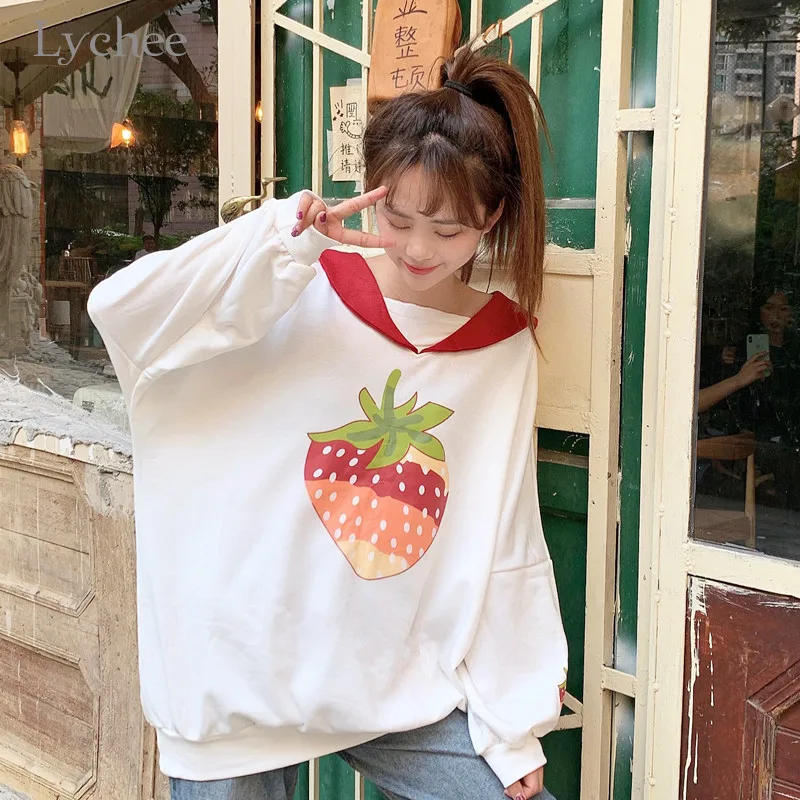 Lychee, Harajuku, клубника, Женские флисовые кофты, матросский воротник, свободные женские пуловеры, хлопок, весна, осень, зима, женские топы