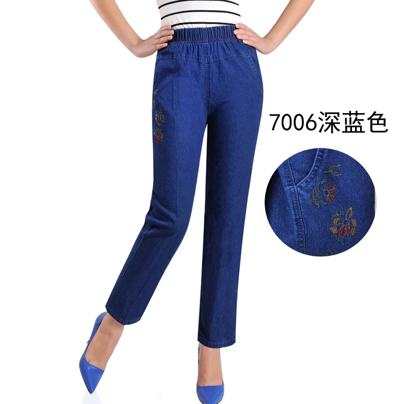 Винтажные джинсы с цветочной вышивкой, весна-лето, женские повседневные тонкие джинсы с высокой талией, синие прямые джинсы размера плюс - Цвет: Dark6