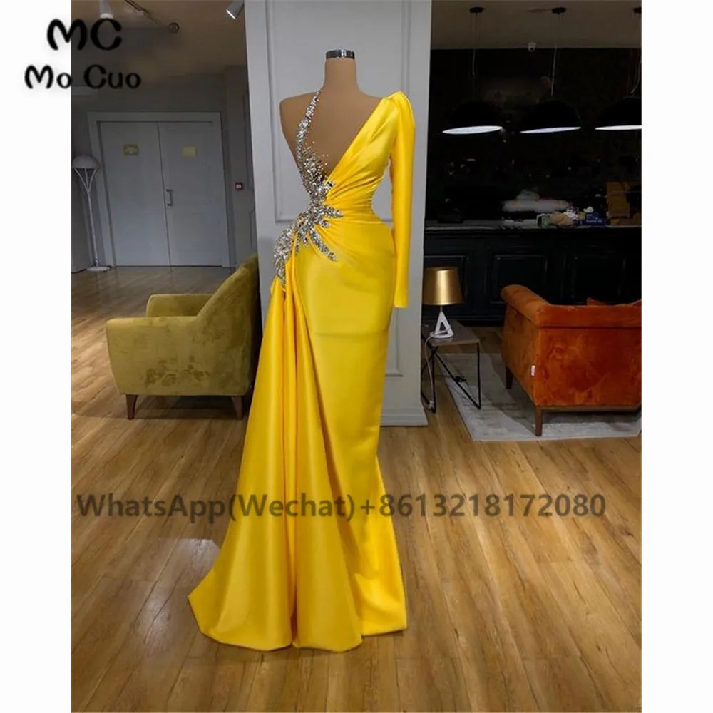 2020 Yellow Celebrity Dresses Mermaid One Shoulder Women Red Carpet Runaway Dresses Party Arabic Evening Gowns Robe De Soiree (1)